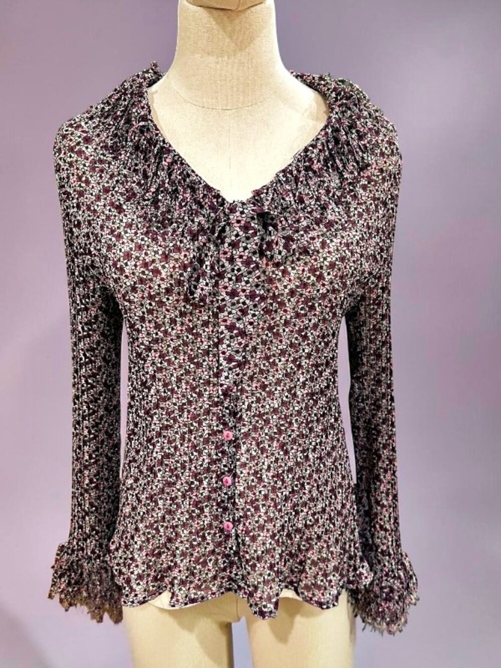 Alison Sheri Pleated Floral Tie Neck Blouse M Bell Sleeve Fringe Whimsigoth BOHO